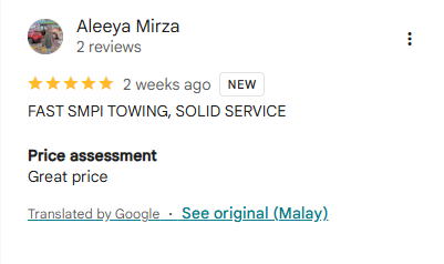 Screenshot ulasan Google daripada Aleeya Mirza untuk Al Fatih Towing