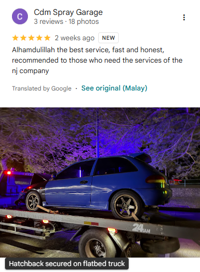 Screenshot ulasan Google daripada Cdm Spray Garage untuk Al Fatih Towing
