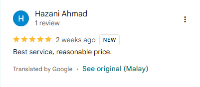 Screenshot ulasan Google daripada Hazani Ahmad untuk Al Fatih Towing