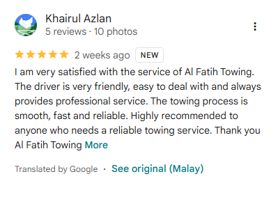 Screenshot ulasan Google daripada Khairul Azlan untuk Al Fatih Towing