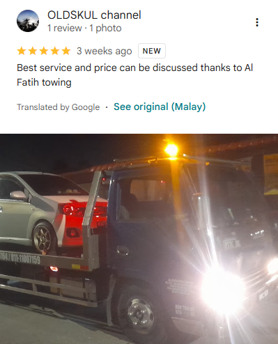 Screenshot ulasan Google daripada OLDSKUL channel untuk Al Fatih Towing