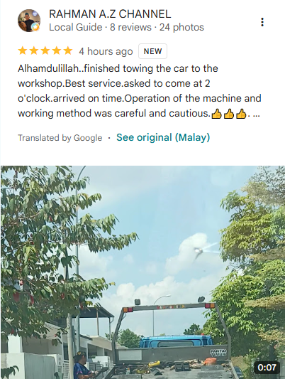 Screenshot ulasan Google daripada RAHMAN A.Z CHANNEL untuk Al Fatih Towing